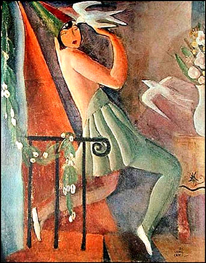 Pintura Pierrete, de Di Cavalcanti exibindo mulher fantasiada no carnaval com dois pássaros e vaso de flores