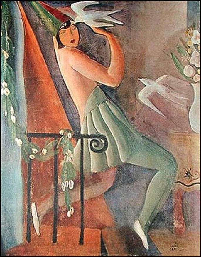 Pintura Pierrete, de Di Cavalcanti exibindo mulher fantasiada no carnaval com dois pássaros e vaso de flores