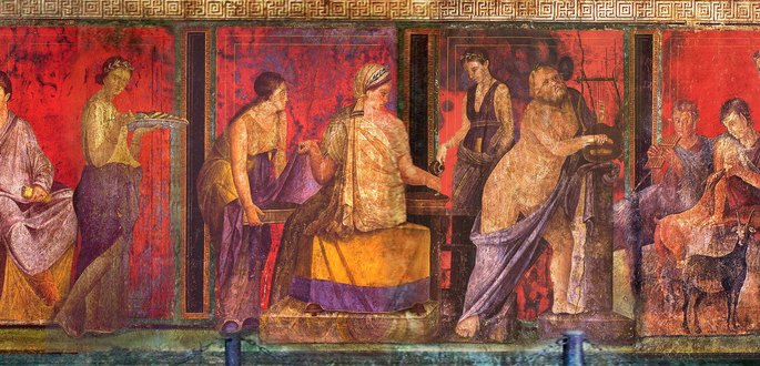 painel romano pintado exibindo figuras humanas em fundo vermelho