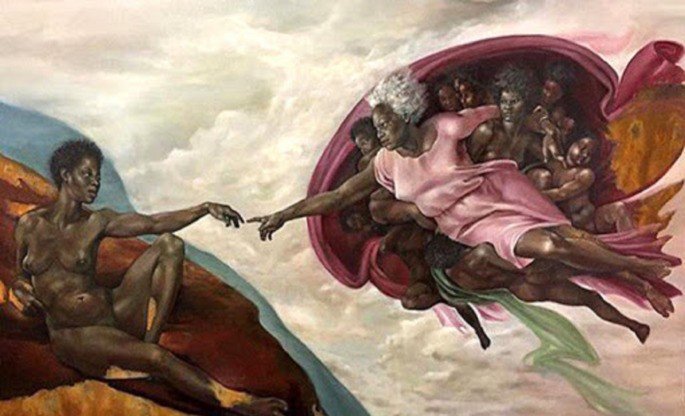 releitura de A criação de Adão com mulheres negras