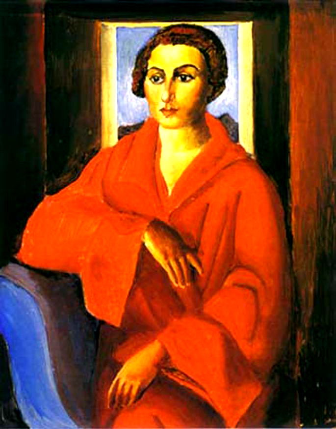 Retrato de Noêmia, obra de Di Cavalcanti retratando moça sentada em poltorna azul e vestida de vermelho