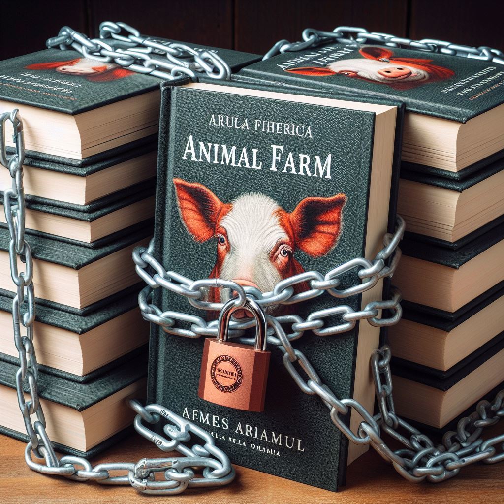 Vários volumes de livros que sugerem ser A Revolução dos Bichos presos por correntes grossas e um grande cadeado