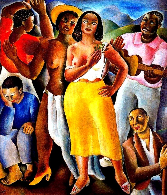 Quadro Samba, de Di Cavalcanti com duas moças com seio à mostra e homens tocando instrumentos no morro