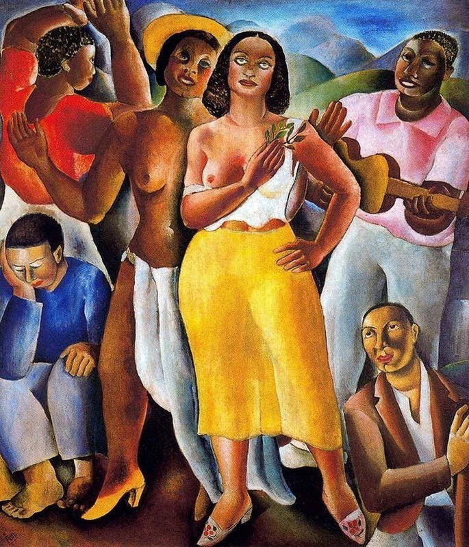 Quadro Samba, de Di Cavalcanti com duas moças com seio à mostra e homens tocando instrumentos no morro