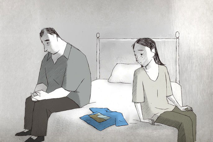 Desenho de um casal sentado na cama, com expressão desanimada