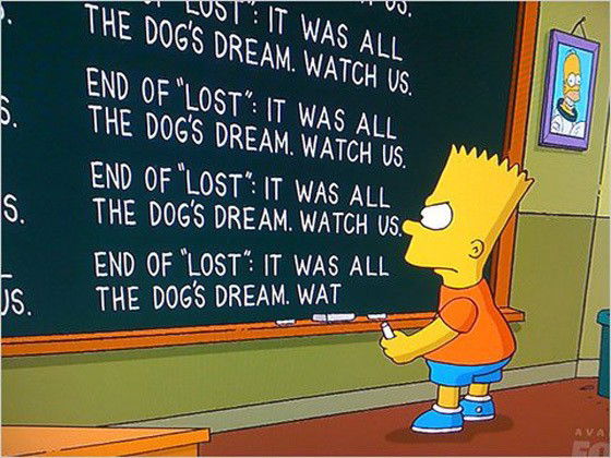 Bart Simspon escrevendo “Final de Lost: era tudo um sonho do cachorro”.
