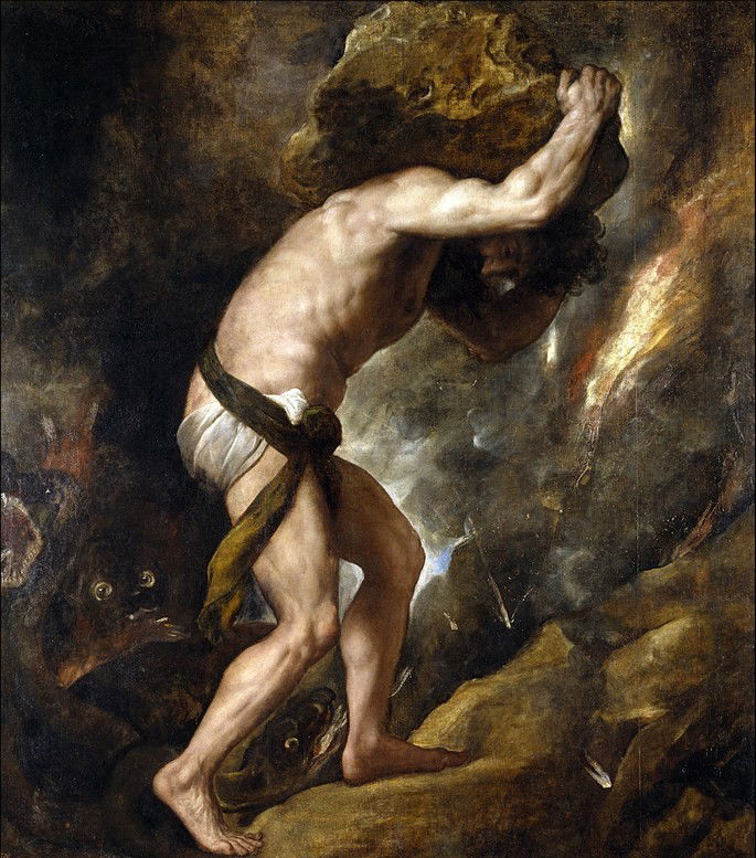 Pintura de Tiziano representando Sísifo empurrando uma pedra montanha acima.