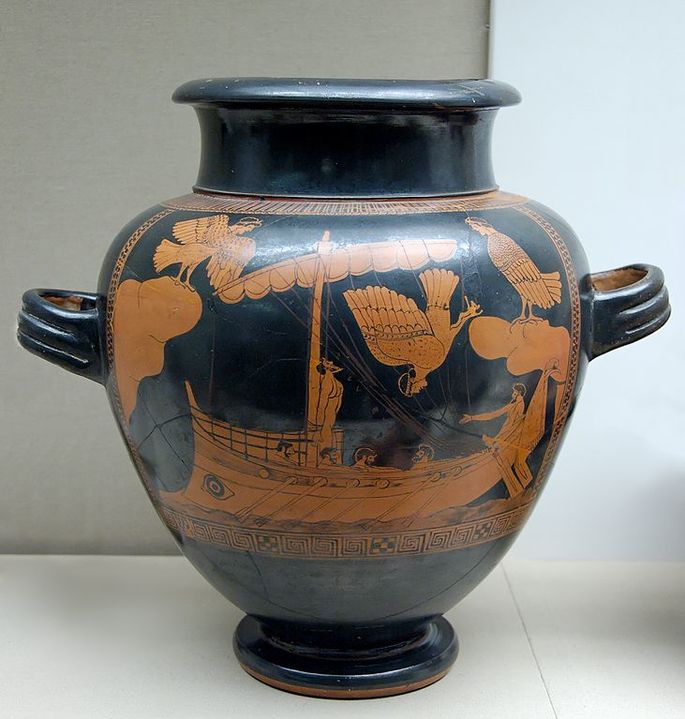 Ilustração de Ulisses e as sereias em um vaso da Grécia Antiga.
