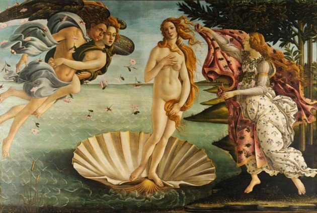 O Nascimento de Vênus - têmpera sobre tela, 1,72 m x 2,78 m, 1483 - Sandro Botticelli - Galleria degli Uffizi, Florença