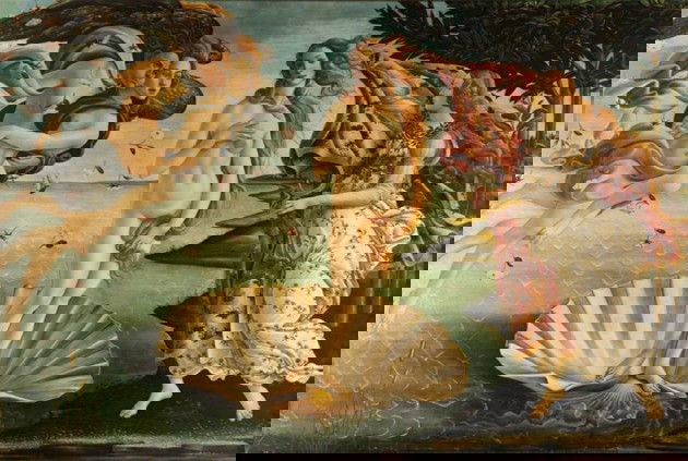 O Nascimento de Vênus - têmpera sobre tela, 1,72 m x 2,78 m, 1483 - Sandro Botticelli - Galleria degli Uffizi, Florença